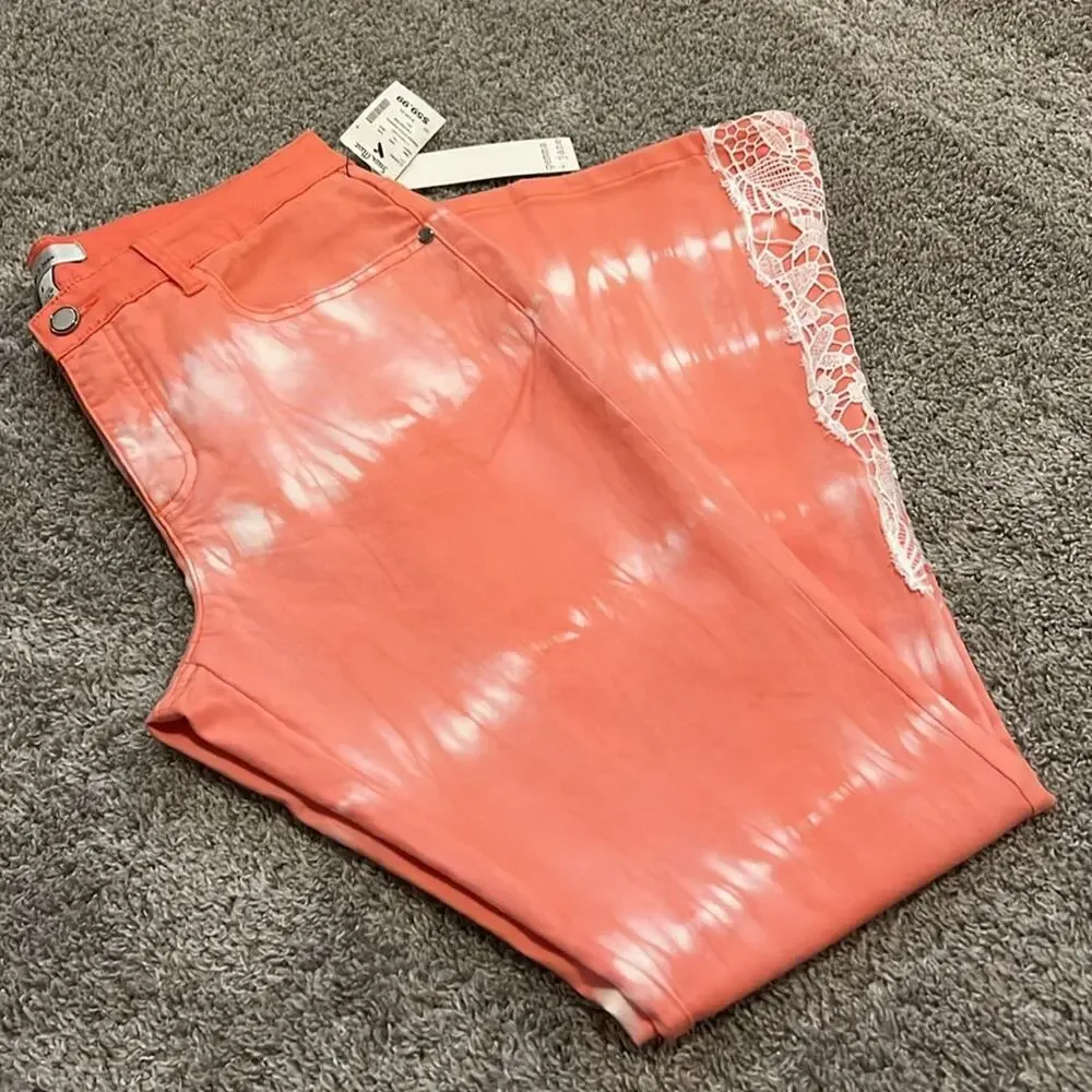 NWT‎ Gemma+Jane Tye Dye Flared Jeans Lace Size 8 Coral Hippie Concert Beach Y2K